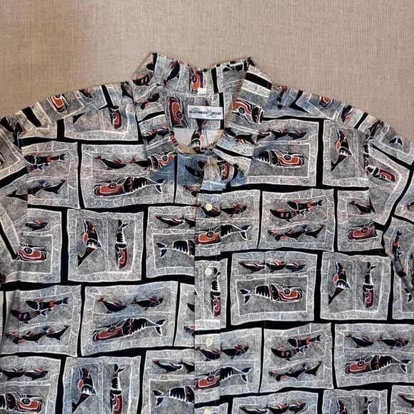 Vintage 90s AFTCO Bluewater Wear Fishing Shirt XXL Made in USA Tribal Fish Print - Picture 4 of 9
